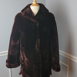 ROBBINS VTG Burgundy Brown Cuffed Sleeve Mob Wife Retro Glam 80s Mouton Fur Coat
